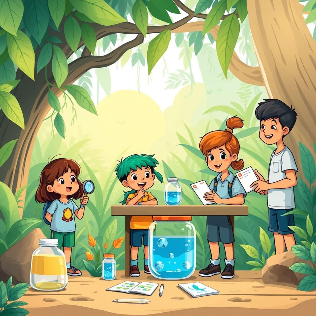 Children exploring a safe rainforest science mission